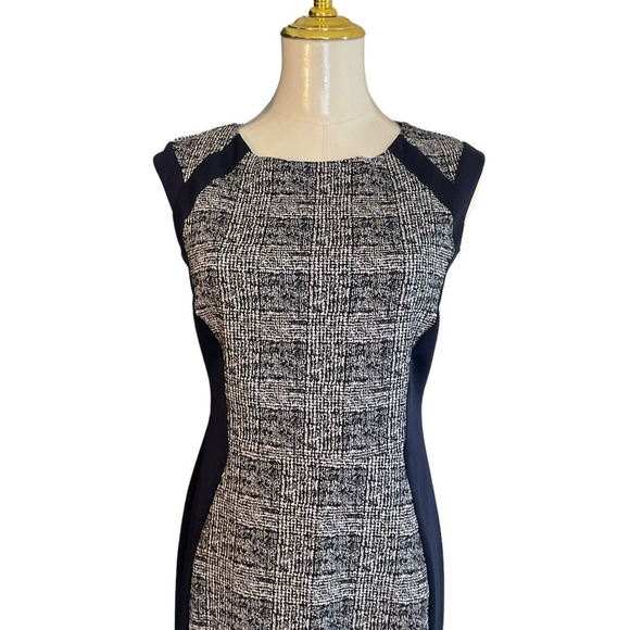 Enfocus Studio Womens Size 4 Navy Trim Black White Tweed Print Sheath Dress - Picture 10 of 12